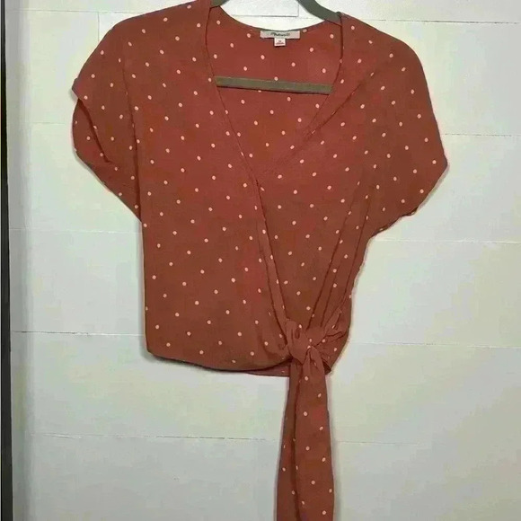 Madewell Women’s Shirt Top Sash Tie Wrap Orange Polka‎ Dot XS - Picture 1 of 3
